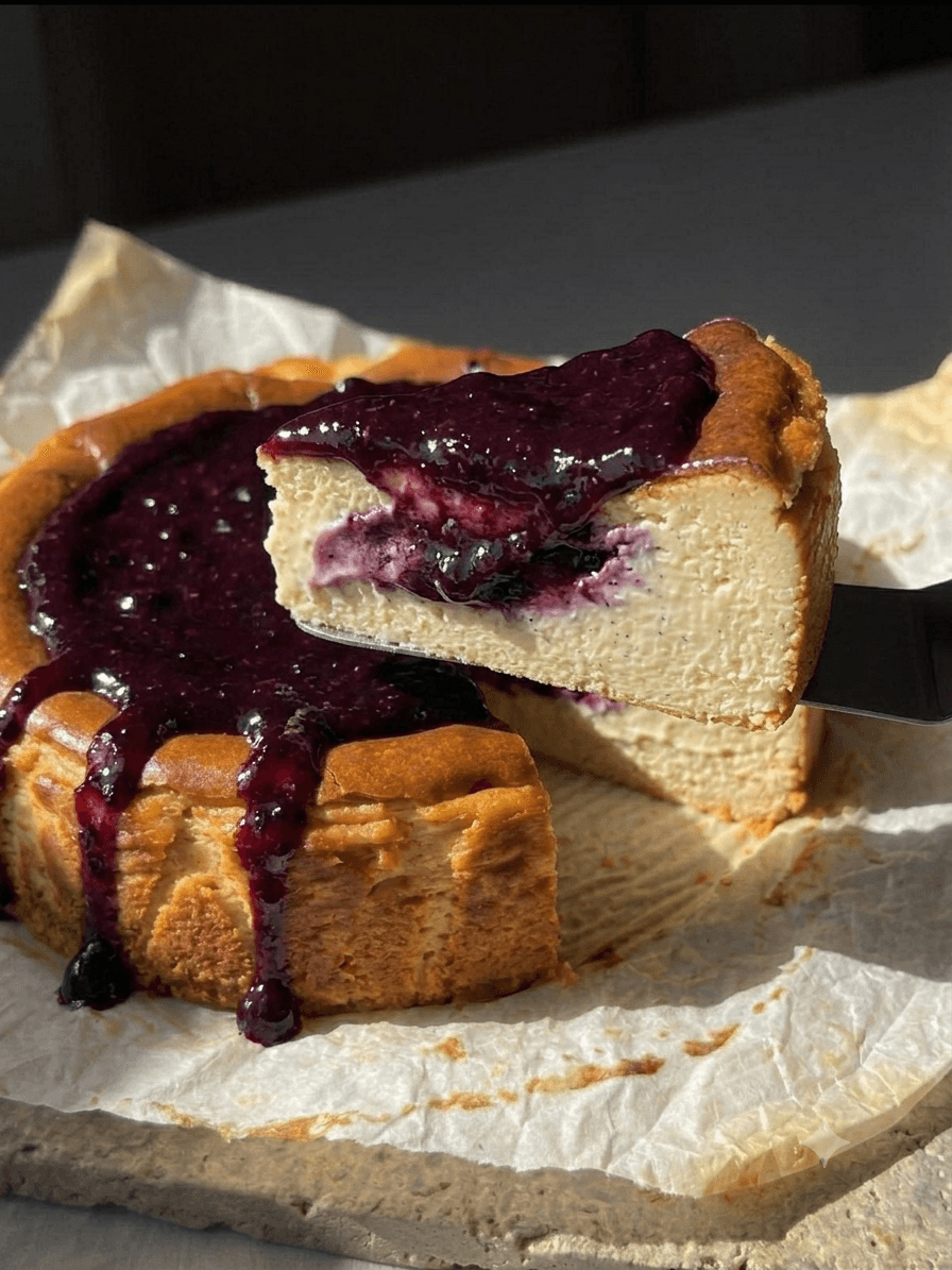 Bluberry compote on Burnt Basque Cheesecake Slice
