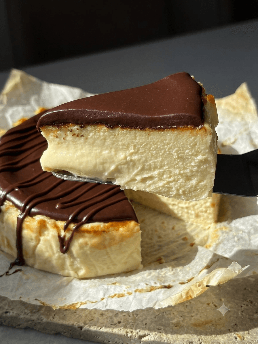 Chocolate Ganache on Burnt Basque Cheesecake Slice